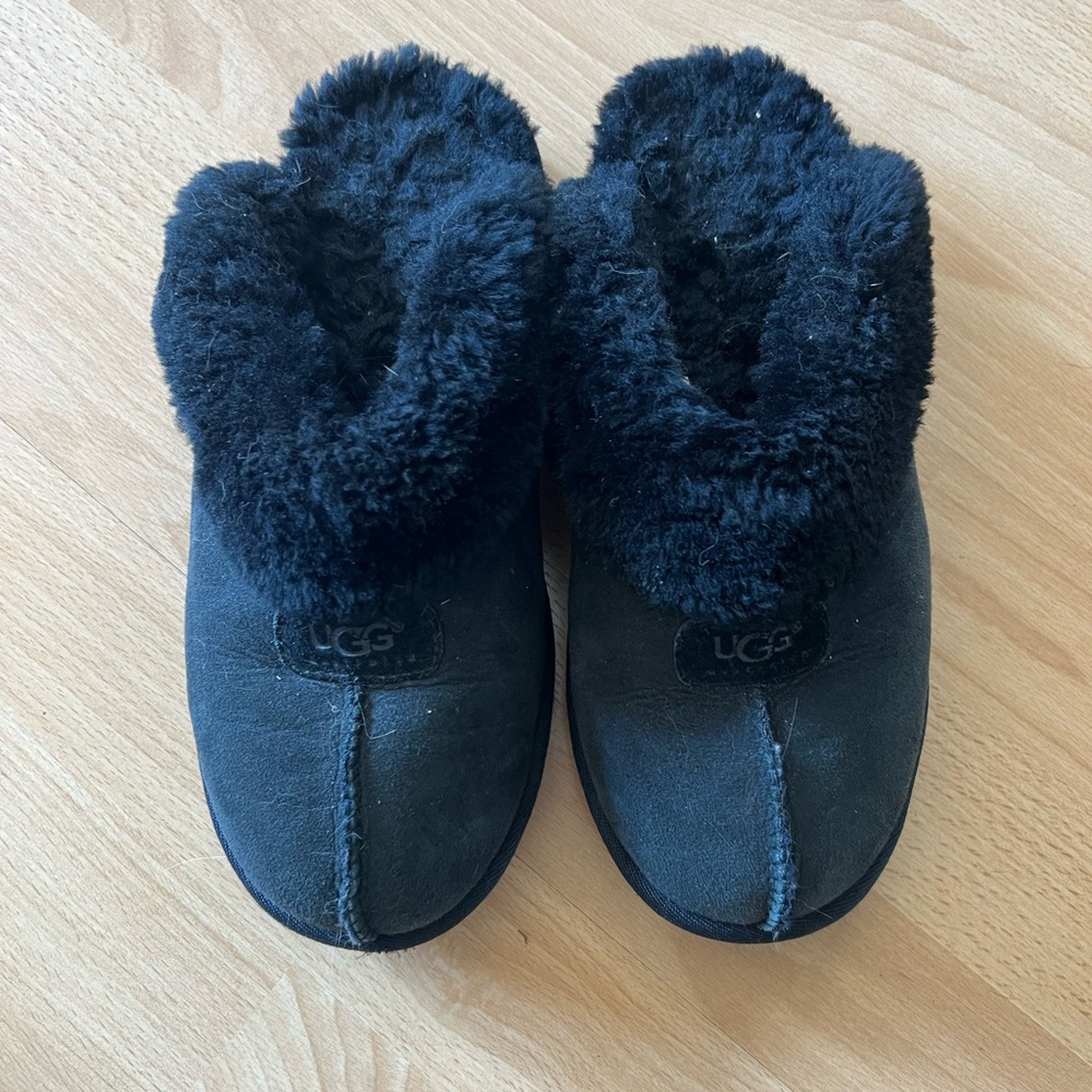 UGG Black Suede Shearling Slip-On Clogs
